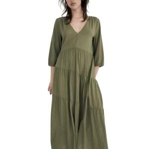 Zara M Womens Tiered Textured Midi Dress Olive Green V Neck Breathable Comfort